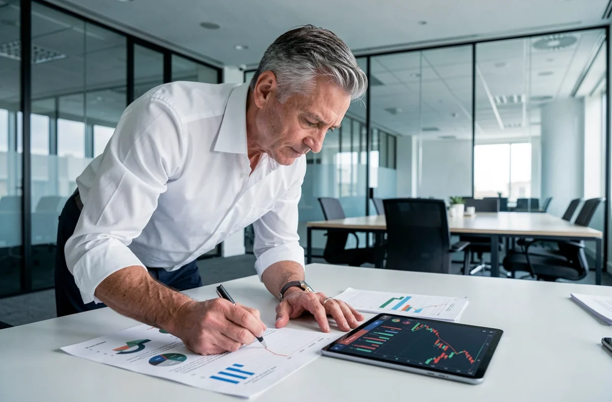 Homme d'affaires expérimenté analysant des graphiques financiers et boursiers sur tablette et documents imprimés dans un bureau professionnel