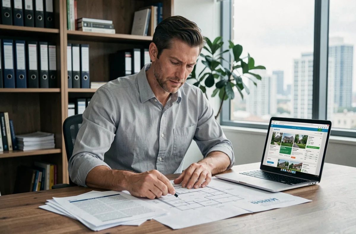 Homme analysant des plans immobiliers et des documents financiers sur un bureau en bois dans un bureau à domicile moderne