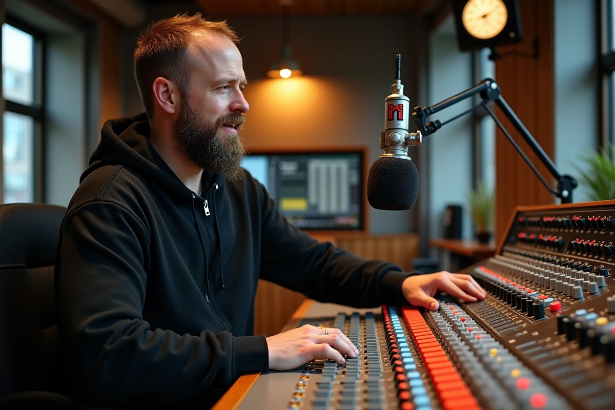Animateur radio utilisant des boutons d'effets sonores instantanés personnalisés sur une console de mixage professionnelle