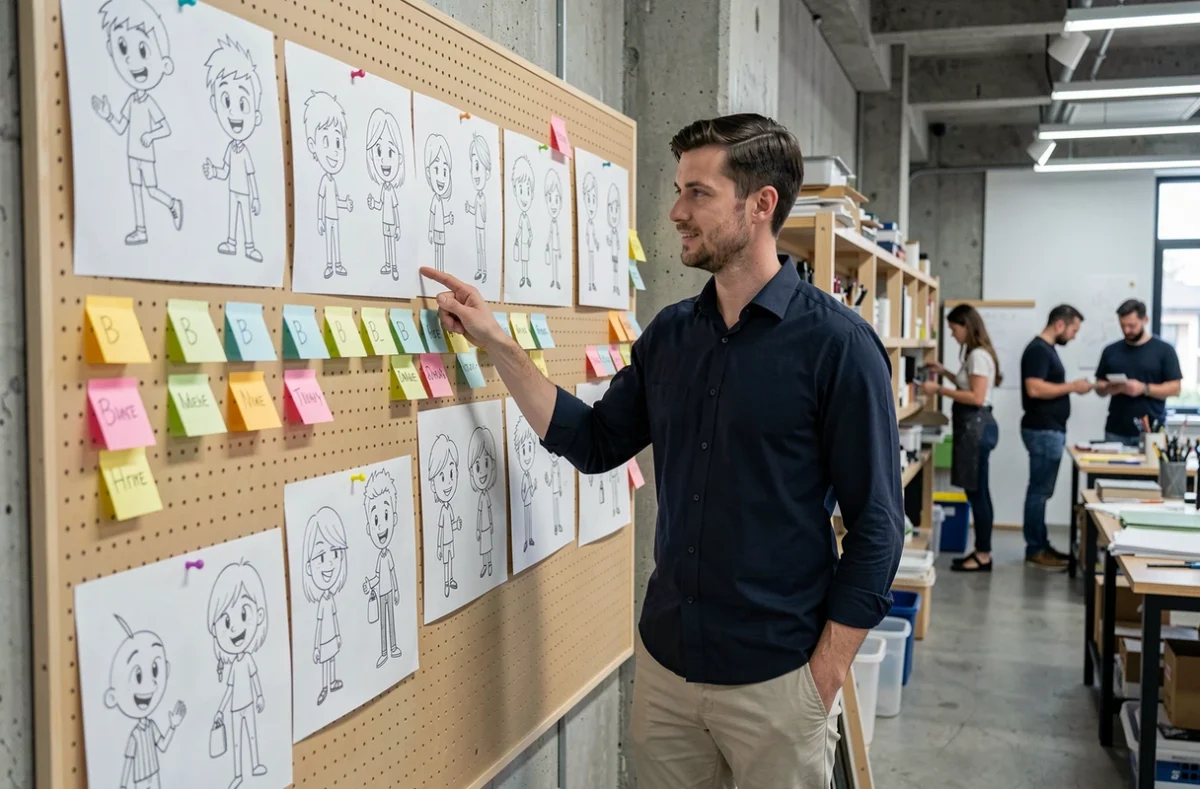 Animateur professionnel en studio analysant des concepts de personnages de dessin animé avec des noms en B affichés sur un tableau mural