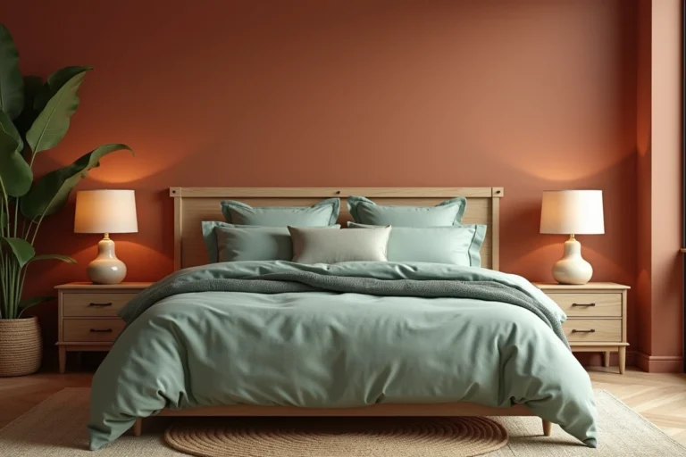 Chambre à coucher avec association de couleurs vert sauge et terracotta, literie en lin et mur d'accent peint