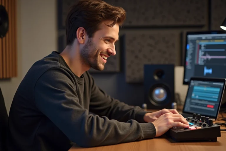 Homme utilisant un bouton personnalisé sur un contrôleur MIDI dans un studio home recording pour créer des effets sonores