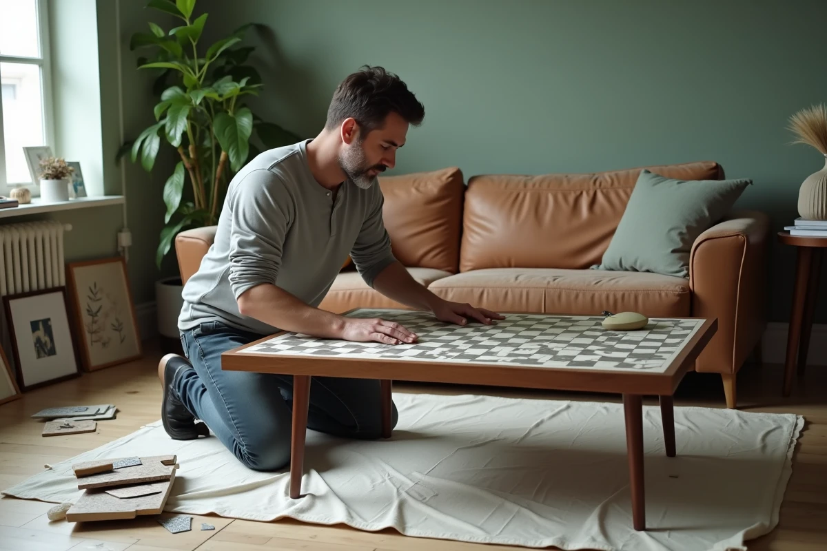 Homme posant des carreaux géométriques adhésifs sur une table basse en bois dans un salon en cours de réaménagement créatif