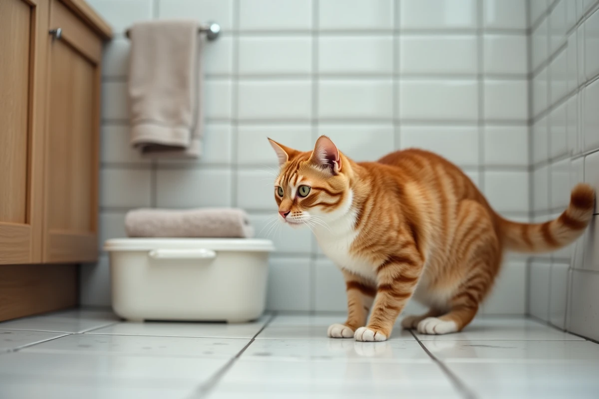 Chat roux près de sa litière dans une salle de bain montrant des signes d'inconfort anal