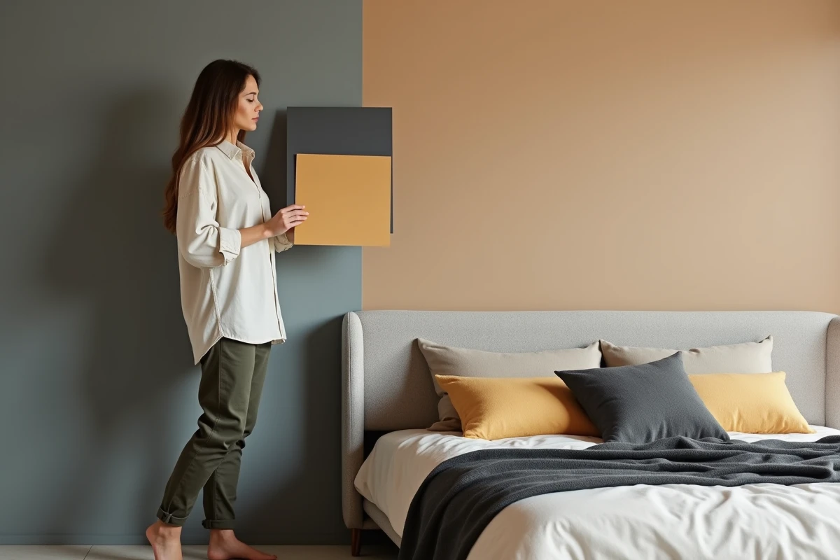 Femme comparant des échantillons de peinture ocre jaune et gris anthracite dans une chambre contemporaine
