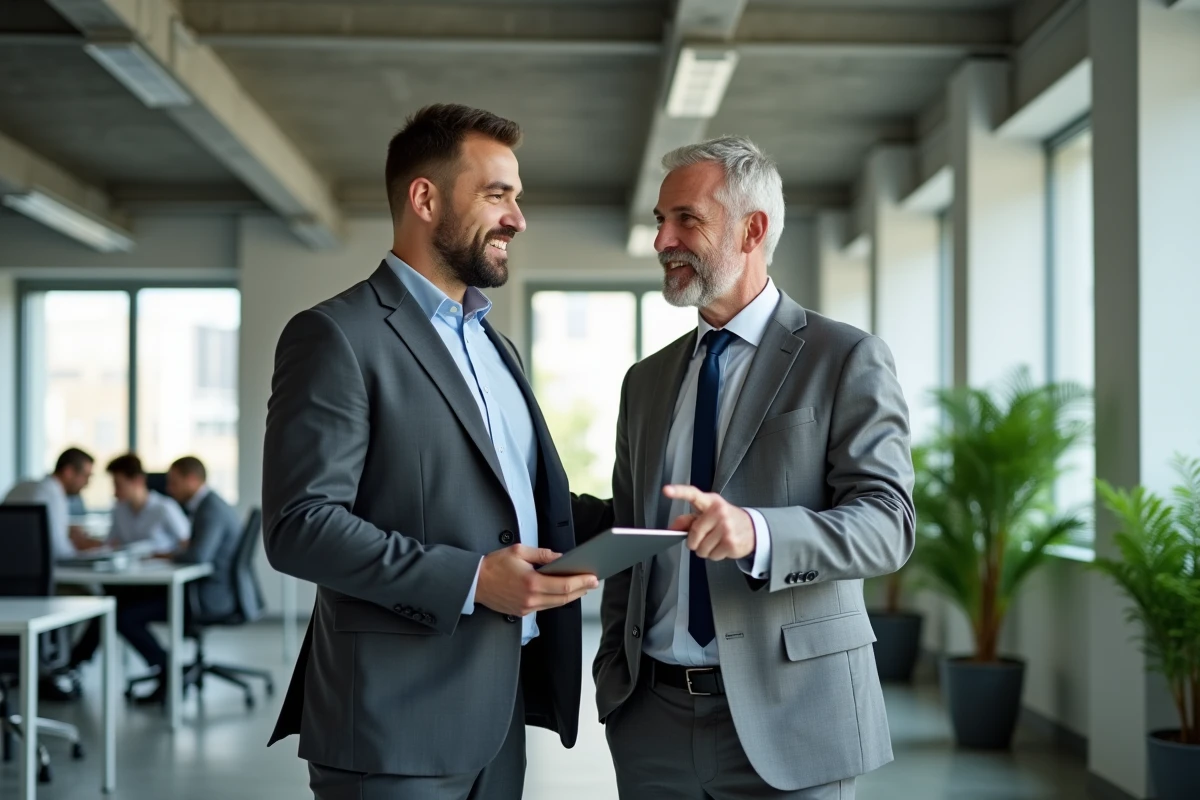 Deux collègues cadres dans un open space moderne illustrant la relation hiérarchique et fonctionnelle entre adjoint au directeur et directeur adjoint en entreprise