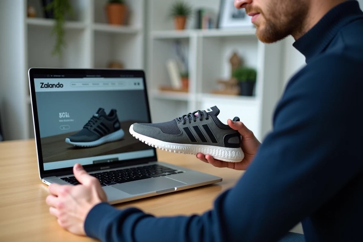 Homme comparant une sneaker achetée sur Zalando avec la photo officielle du produit sur le site