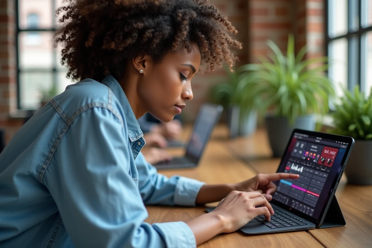 Femme configurant des effets sonores personnalisés sur une application tablette dans un espace de coworking créatif