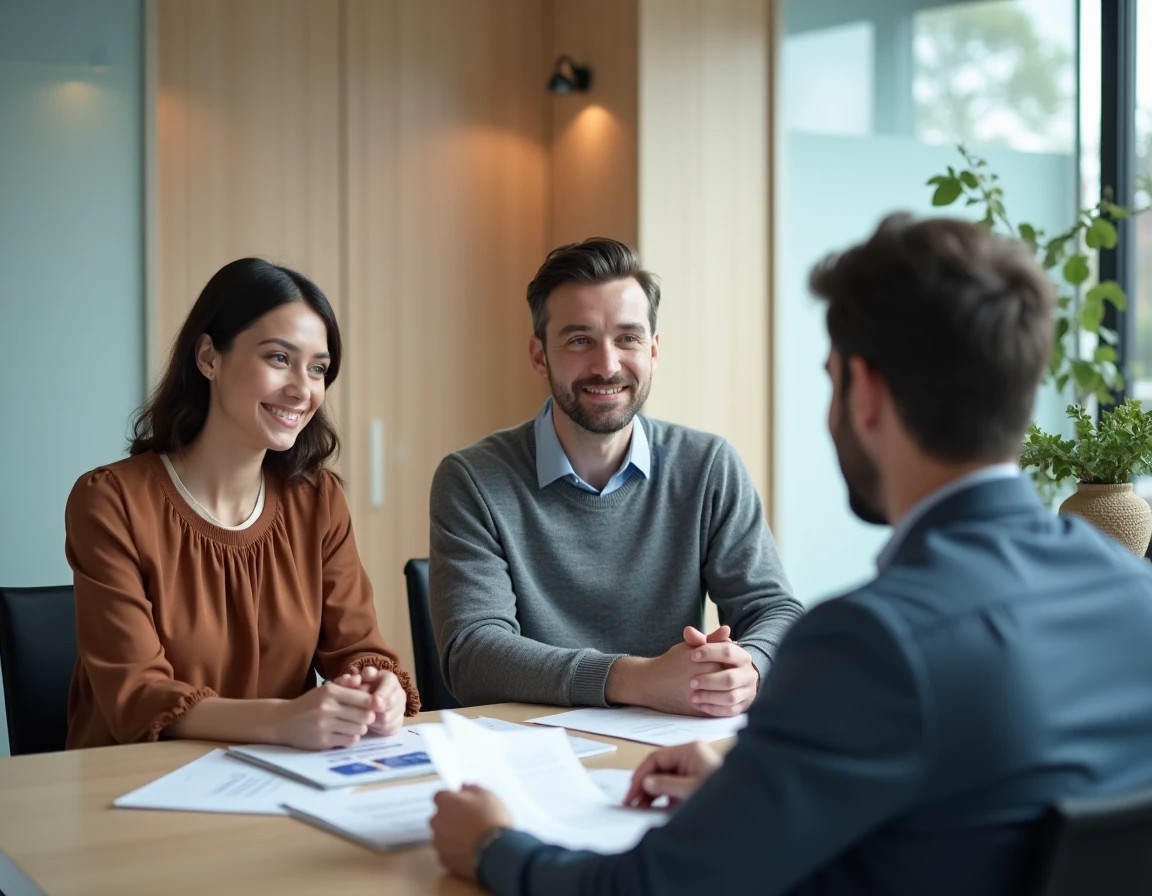 Couple en rendez-vous bancaire avec un conseiller pour choisir un crédit adapté à leur projet