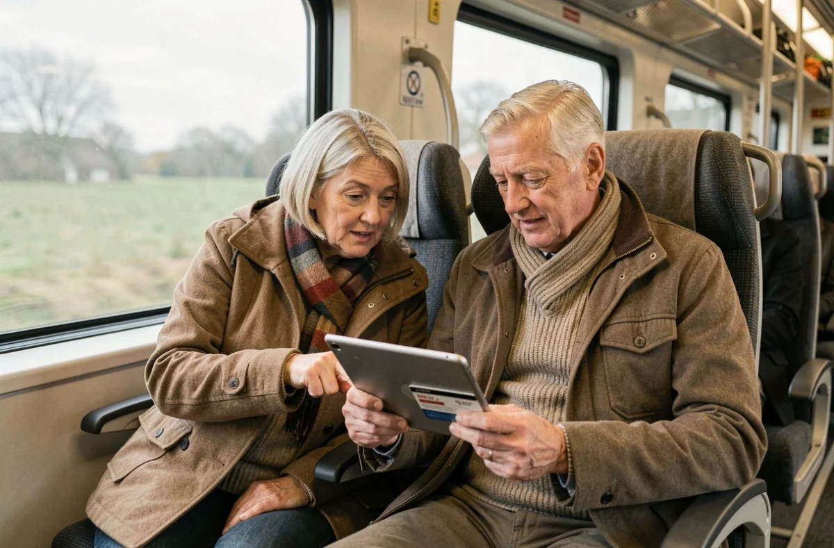 Couple de retraités SNCF consultant des informations sur leur pass Carmillon dans un train