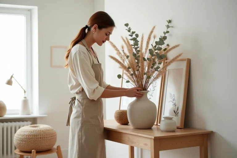 Femme arrangeant des fleurs séchées dans un vase en céramique sur un meuble console dans un salon scandinave épuré