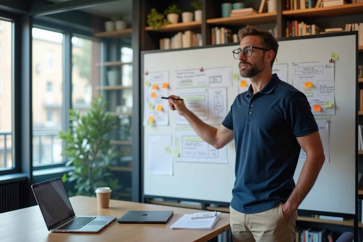 Designer UX présentant un diagramme de parcours utilisateur sur un tableau blanc dans une salle de réunion d'agence