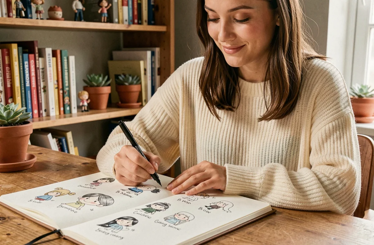 Jeune femme dessinatrice créant des personnages de dessin animé avec des noms en B dans un carnet de croquis, dans un studio créatif chaleureux
