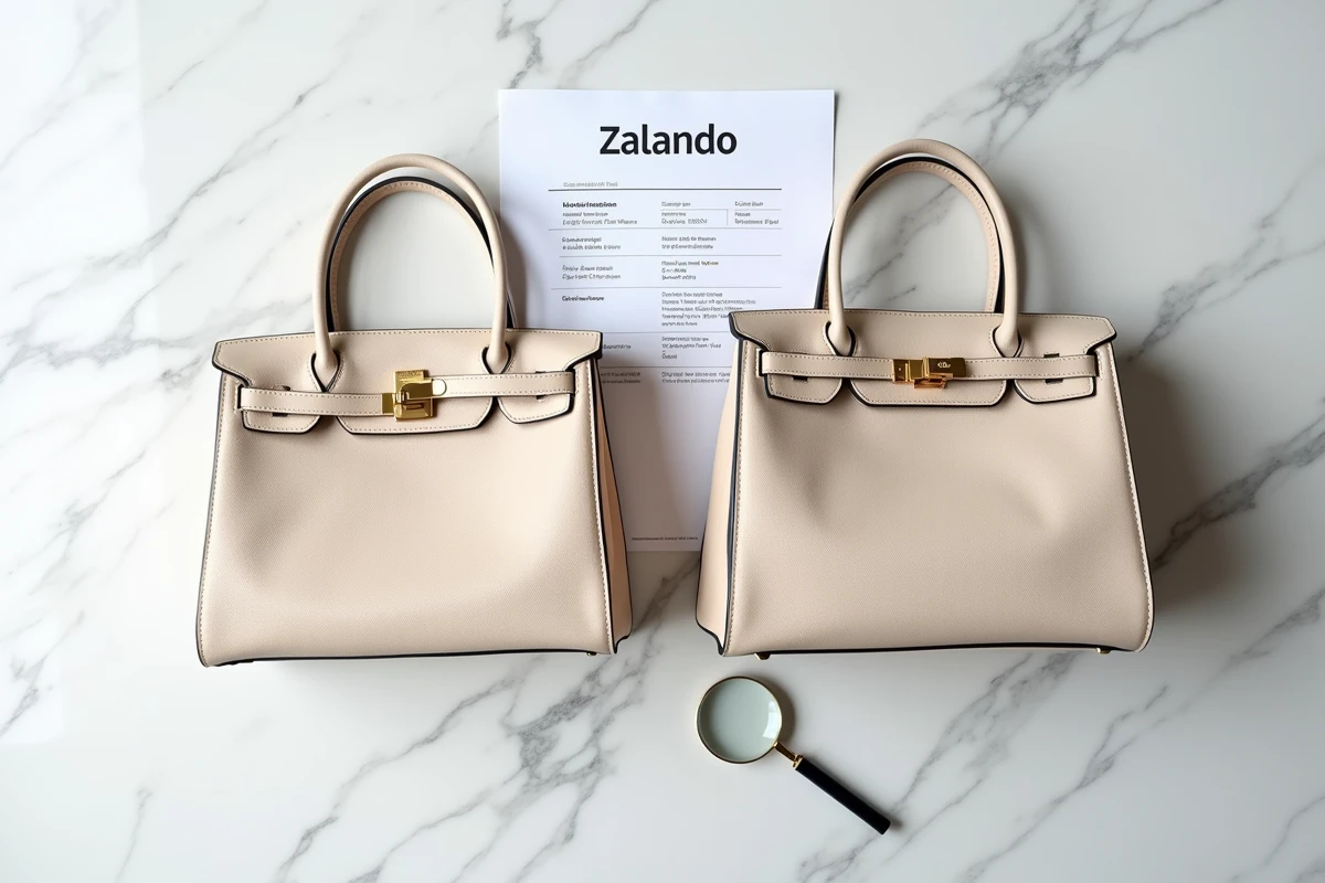 Comparaison côte à côte d'un sac authentique Zalando et d'une contrefaçon pour identifier les différences de qualité