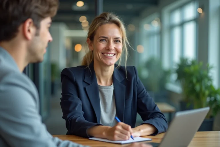 Employée en blazer marine à l'accueil d'une entreprise, à l'écoute attentive d'un client avec une tablette, illustrant la qualité de service