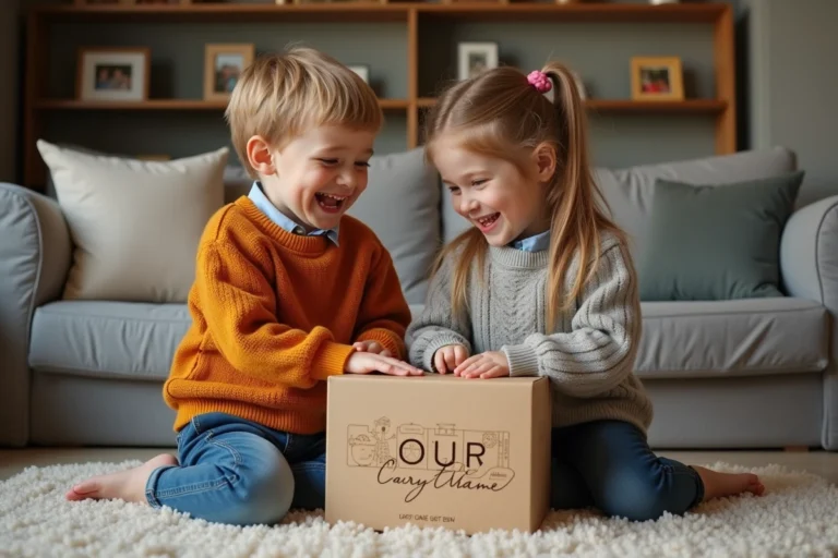 Deux enfants rient en déballant un puzzle en bois personnalisé