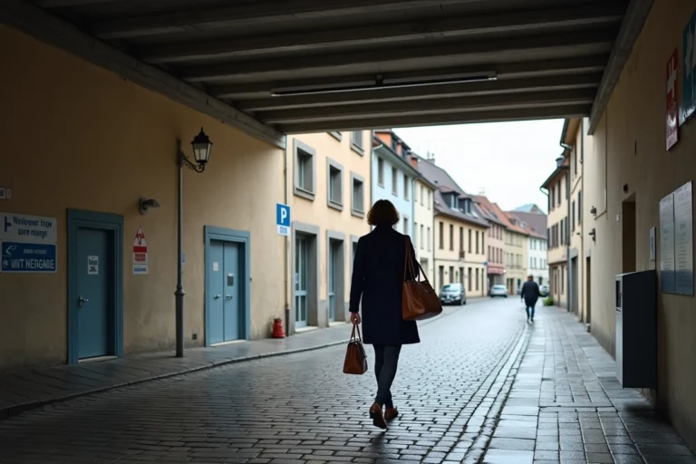 Femme entrant dans le parking Rapp de Colmar avec les bâtiments alsaciens en arrière-plan