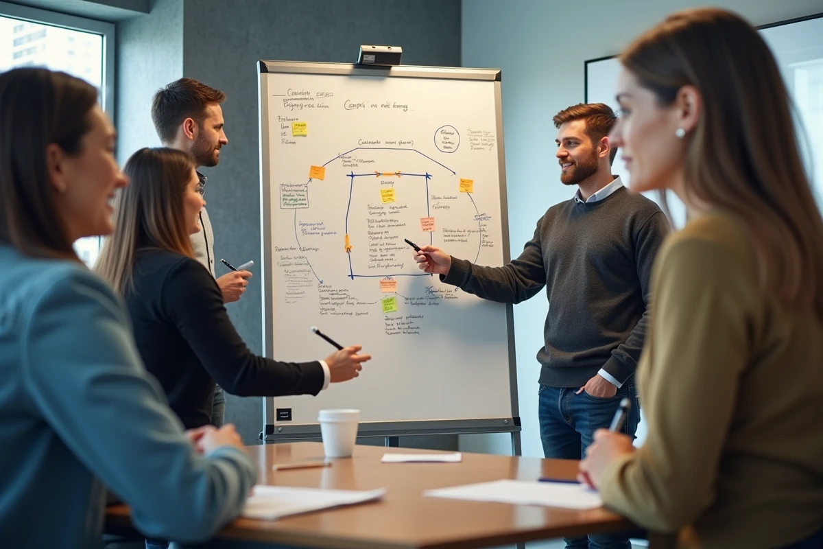 Équipe professionnelle analysant un parcours client sur un tableau blanc lors d'un atelier d'amélioration de la qualité de service en entreprise