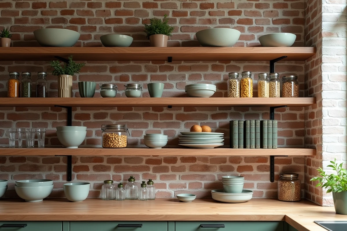 Étagères ouvertes stylisées avec des bocaux, des herbes et des livres de cuisine dans une cuisine avec mur en briques apparentes