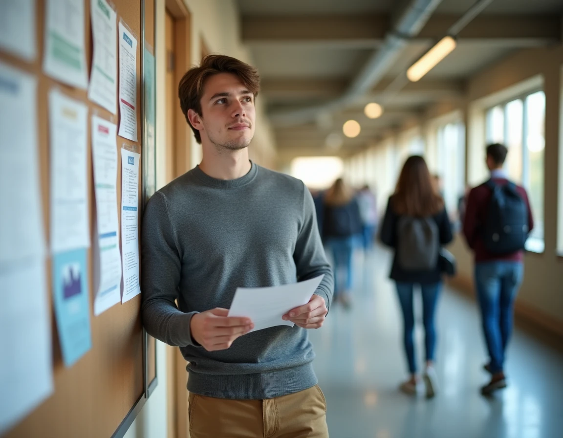 Étudiant consultant un tableau d'affichage universitaire avec les niveaux de licence L1 L2 L3 dans un couloir de faculté