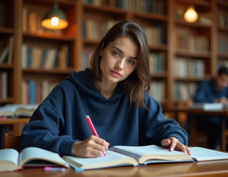 Étudiante en licence L1 assise à une table de bibliothèque universitaire entourée de manuels scolaires et de notes manuscrites