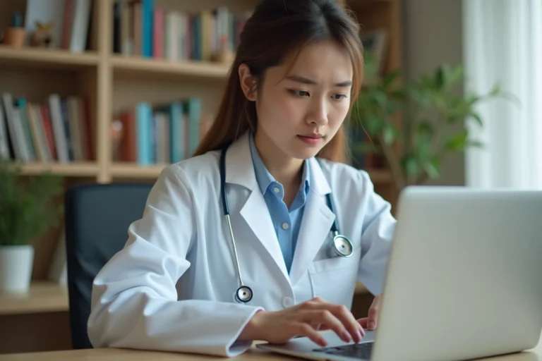 Étudiante en médecine connectée à l'espace Celine CNG sur son ordinateur portable pour les concours médicaux