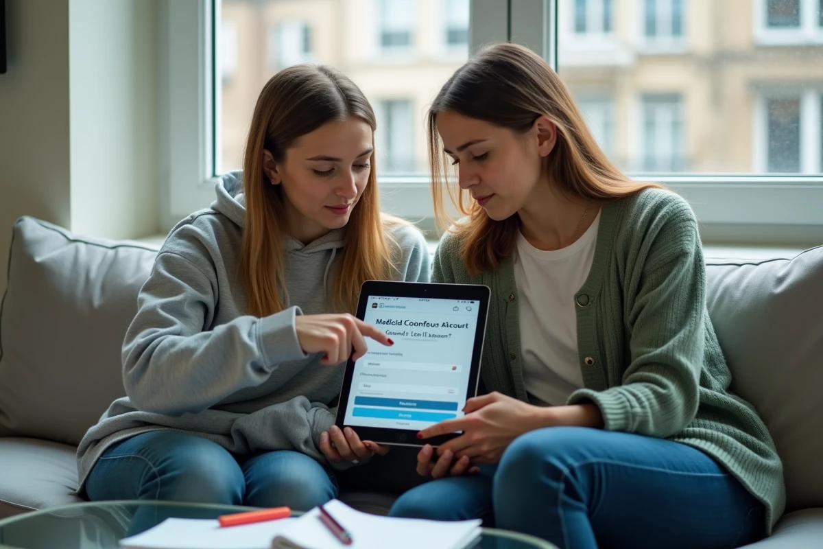 Deux étudiantes en médecine consultant ensemble l'espace Celine CNG sur une tablette pour préparer leur connexion aux concours