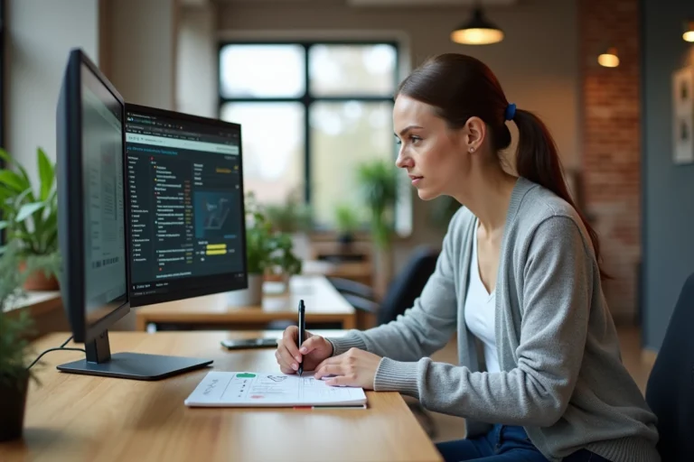 Femme analysant l'interface d'un site web sur un grand écran dans un bureau moderne pour optimiser l'expérience utilisateur