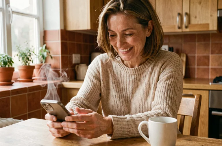 Femme souriante en pull beige passant un appel vidéo sur son smartphone dans une cuisine chaleureuse avec des plantes et une tasse de café
