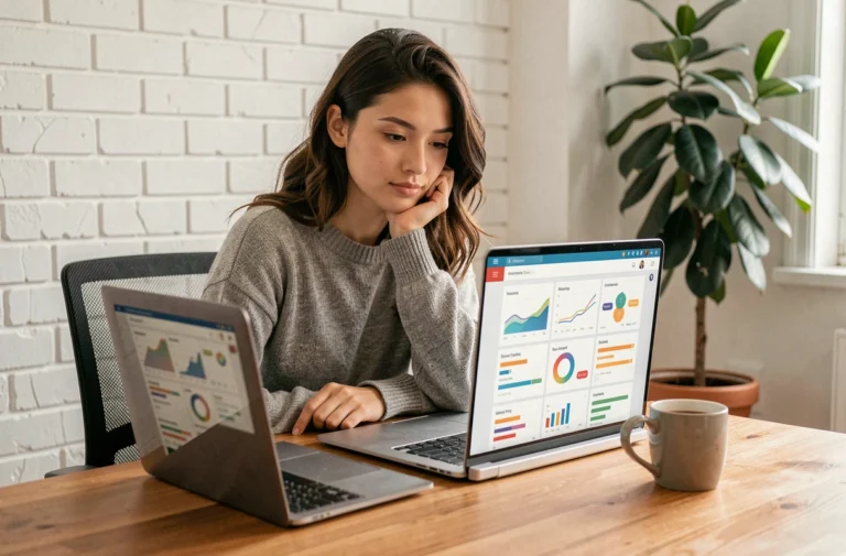 Jeune femme concentrée suivant un cours en ligne sur son ordinateur portable dans un bureau à domicile