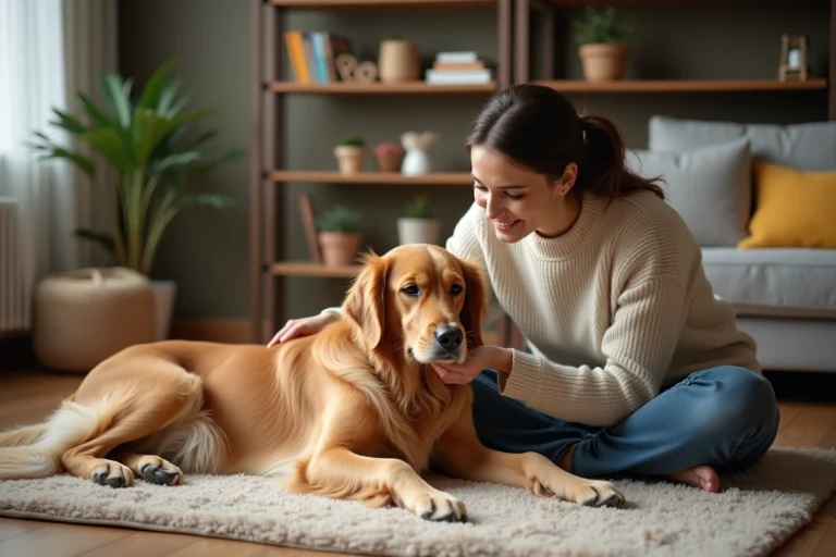 Femme caressant un golden retriever dans le salon