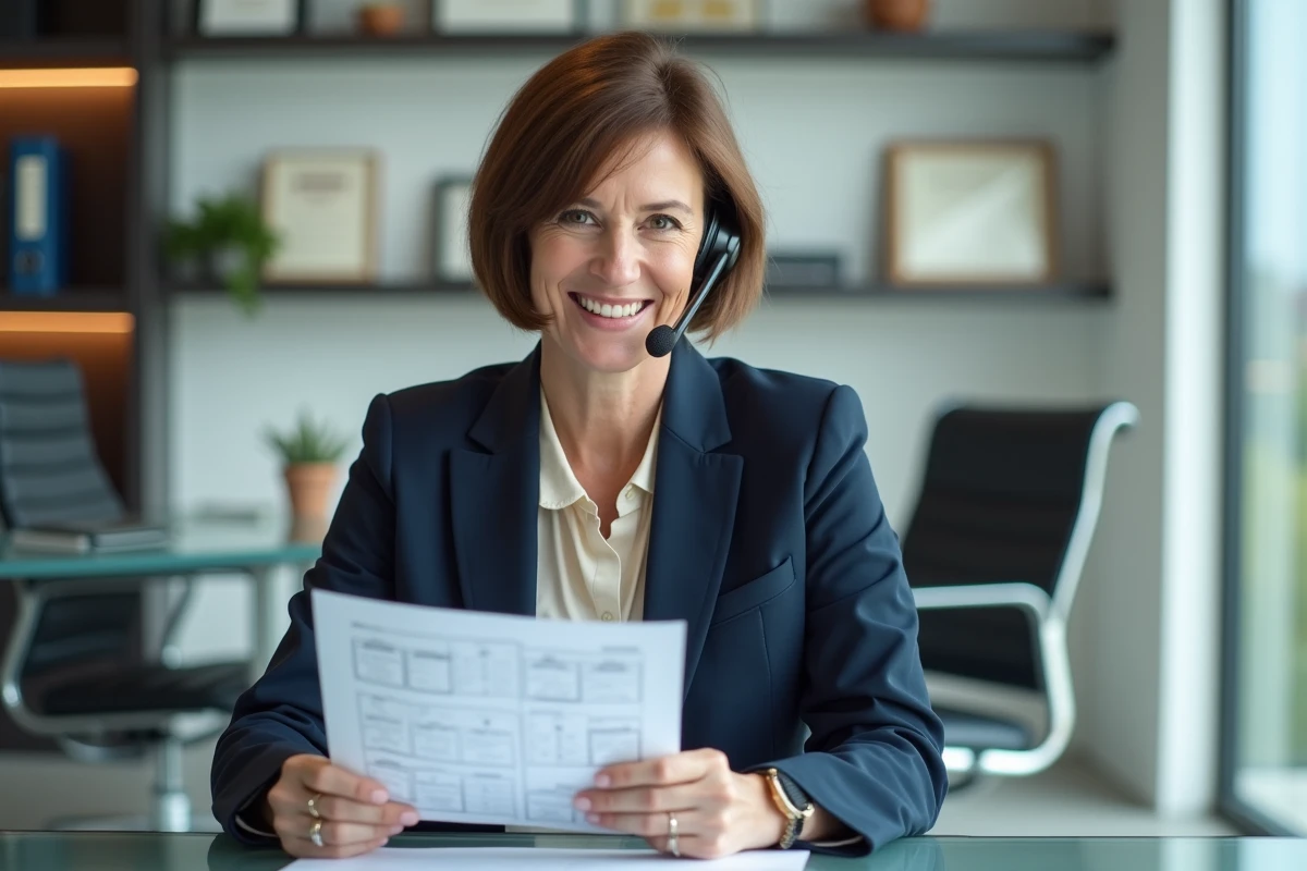 Femme cadre dirigeante dans son bureau exécutif consultant un organigramme illustrant les différences de rôle entre directeur adjoint et adjoint au directeur