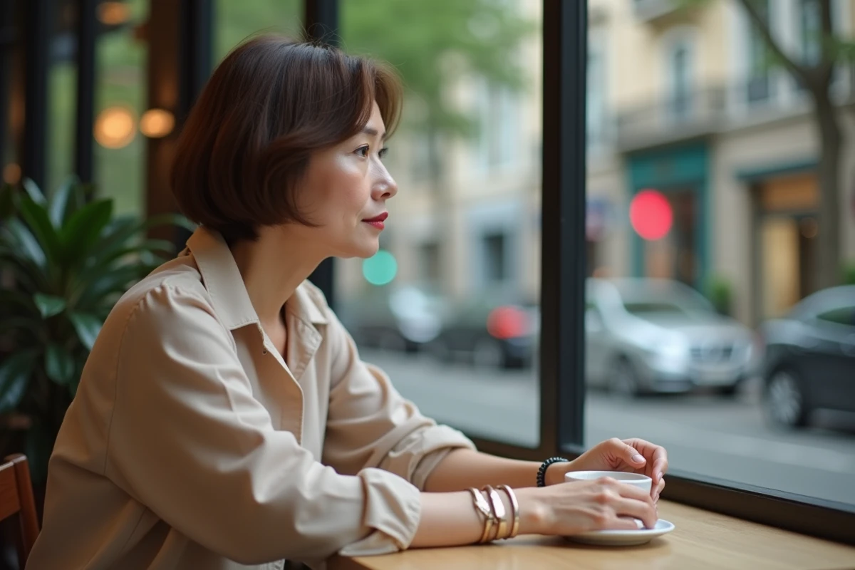 Femme assise au café regardant par la fenêtre