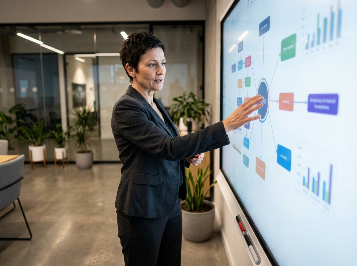 Femme confiante expliquant des diagrammes dans une salle hightech