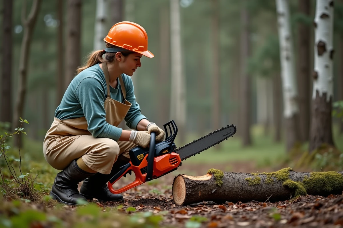 Femme inspectant une coupe nette réalisée par une tronçonneuse électrique en forêt