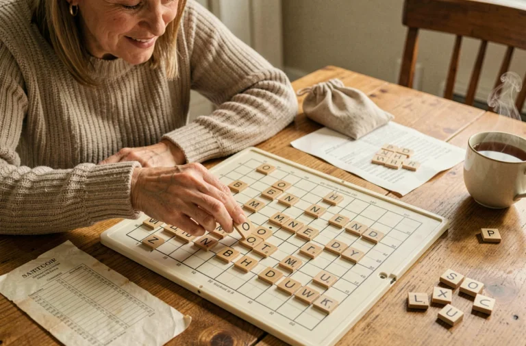 Femme concentrée plaçant des tuiles de Scrabble sur un plateau lors d'une partie à domicile