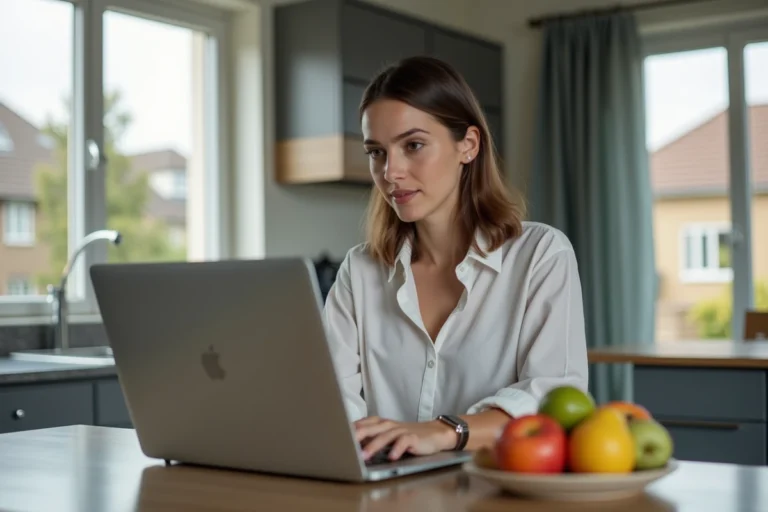 Jeune femme étudie un site d'achat de voiture à la maison