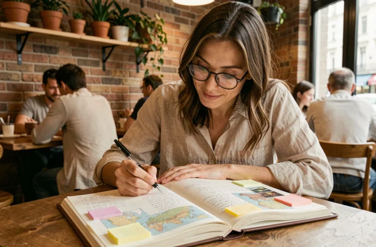 Femme organisant un voyage avec un carnet de notes et des cartes dans un café européen