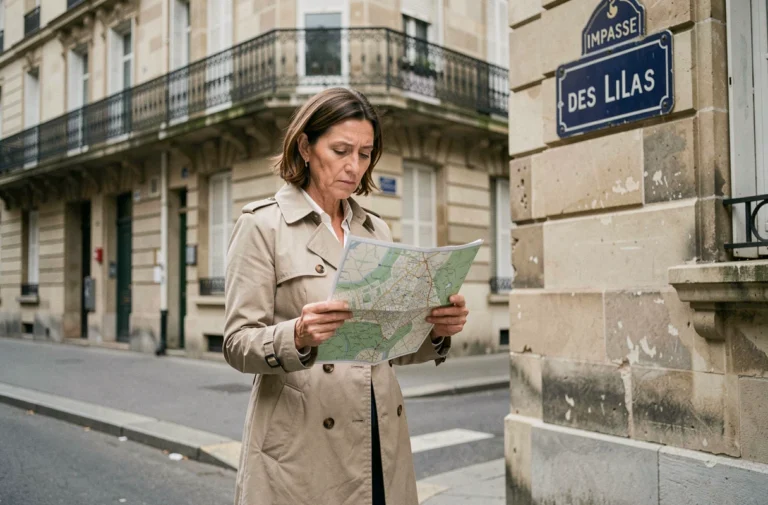 Femme consultant un plan de rue à l'angle d'une impasse résidentielle française pour trouver son chemin