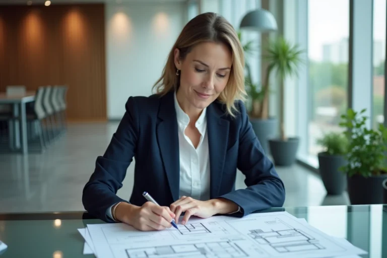Femme professionnelle en blazer marine analysant des plans immobiliers dans un bureau moderne avec vue sur la ville