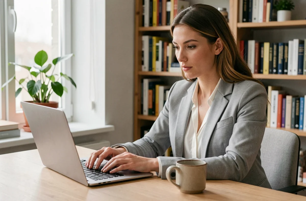 Femme professionnelle cherchant un emploi en ligne sur son ordinateur portable dans un bureau à domicile moderne