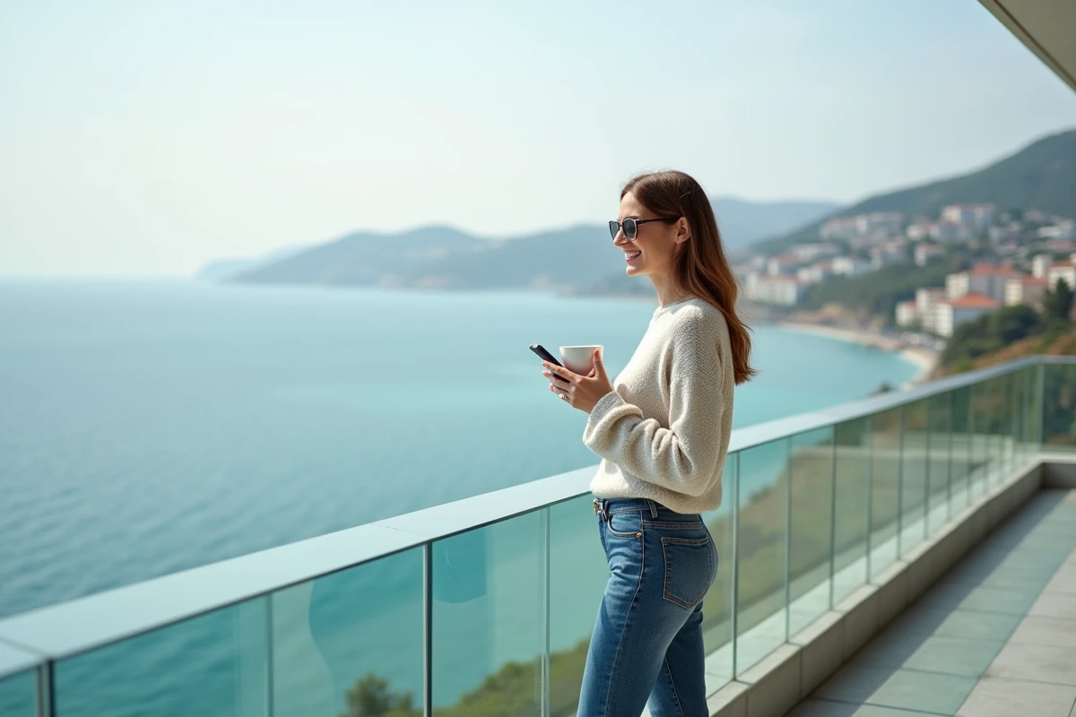 Femme détendue sur la terrasse avec vue sur la mer