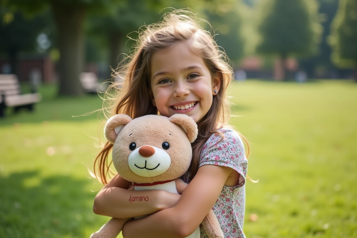 Jeune fille heureuse avec un jouet en peluche dans un parc