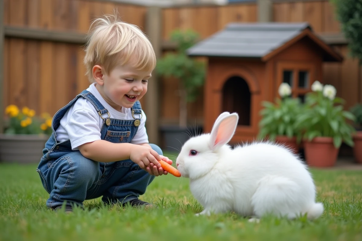 Jeune garçon offrant une carotte à un lapin blanc