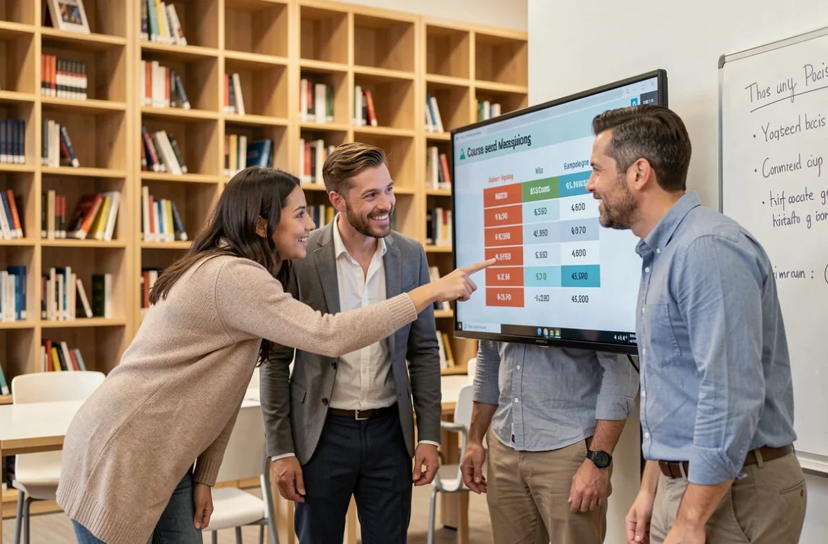 Groupe d'adultes comparant des sites de formation en ligne sur un grand écran dans une bibliothèque moderne