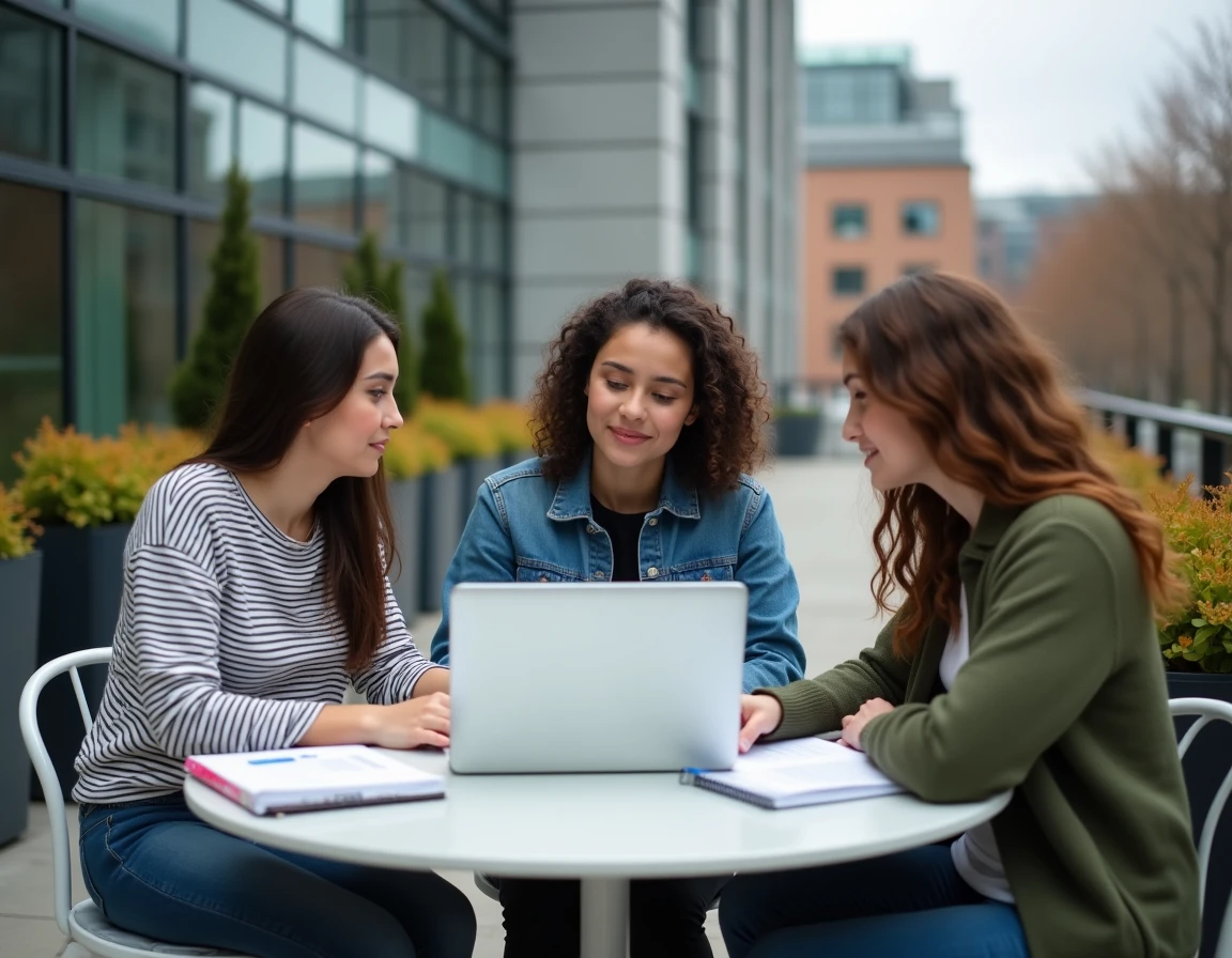 Groupe d'étudiants en licence travaillant ensemble sur un campus universitaire moderne avec ordinateurs portables et cours