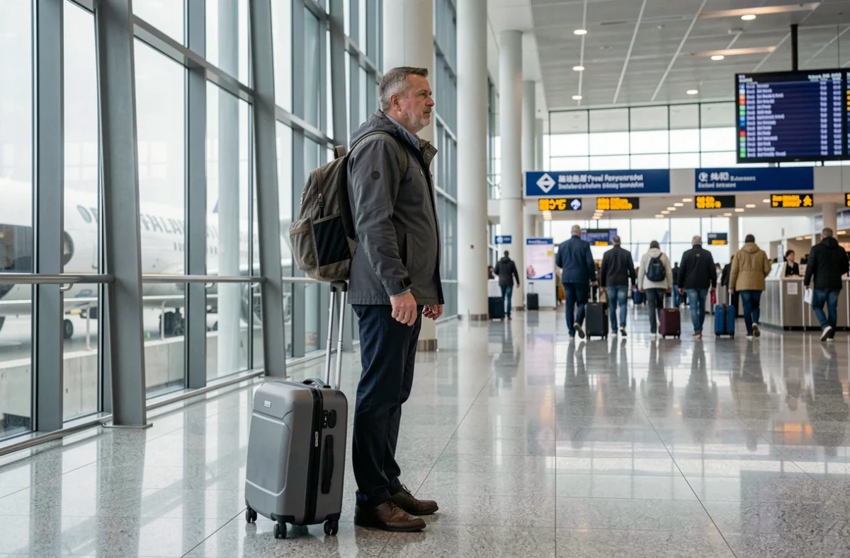 Homme voyageant seul dans un aéroport international avec valise et tableau des départs