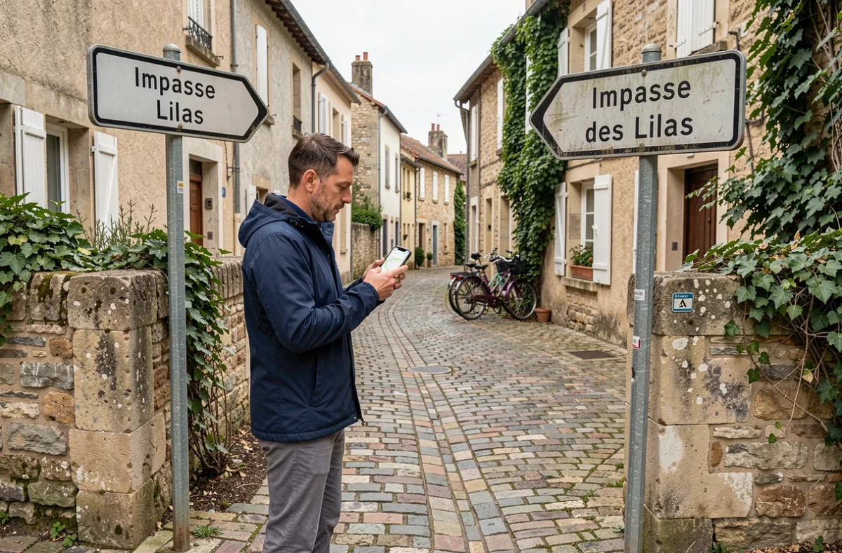 Homme à un carrefour de rues avec panneaux de signalisation pour trouver l'impasse des Lilas
