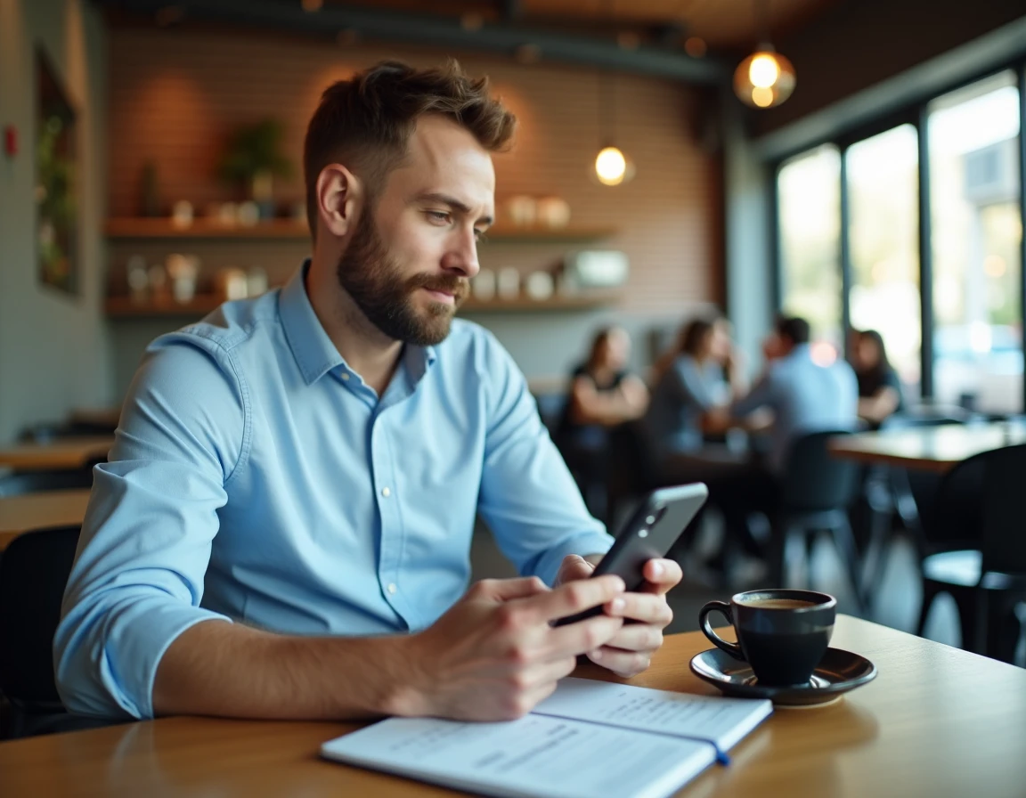 Homme comparant des offres de crédit sur smartphone dans un café urbain avec notes manuscrites