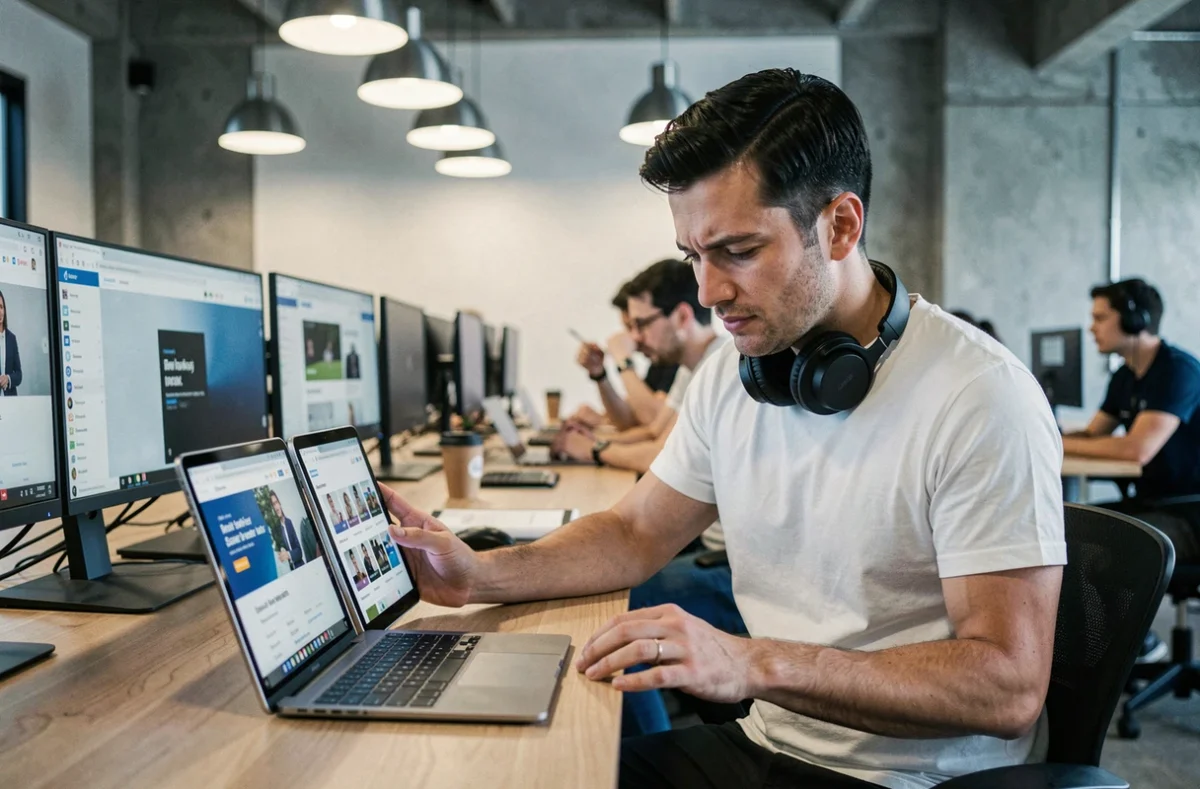 Homme en espace de coworking comparant deux plateformes de formation en ligne sur des tablettes